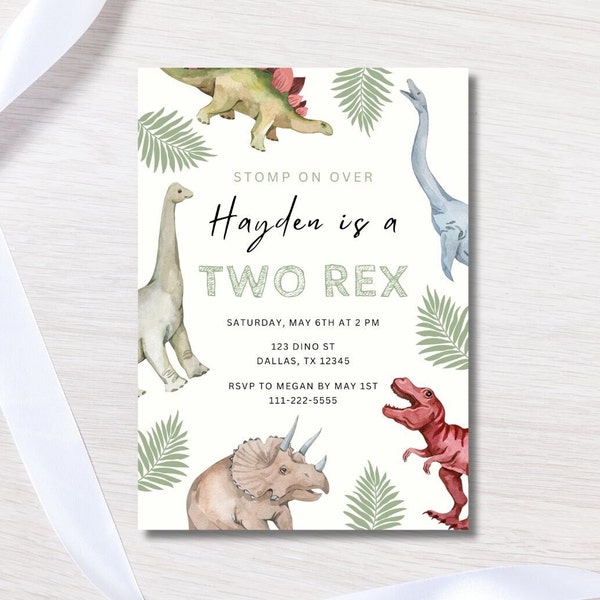 Editable Two-Rex Invitation | Dinosaur Birthday Template | Dino 2nd Birthday Invite | Instant Download | T-Rex Birthday Editable Template