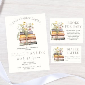 K&ouml;nnte beinhalten: Eine Babyparty-Einladung mit einer Aquarell-Illustration eines Stapels B&uuml;cher mit Blumen. Die Einladung lautet "ein neues Kapitel beginnt" und enth&auml;lt den Namen "Ellie Taylor" und das Datum "22. Juli".
