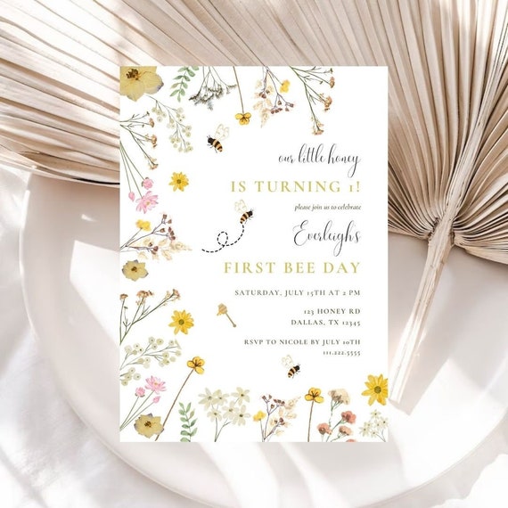 Bee First Birthday Editable Invitation | First Bee Day Invitation | Our Little Honey Invite | Honey Bee Invite | Floral Bee Birthday