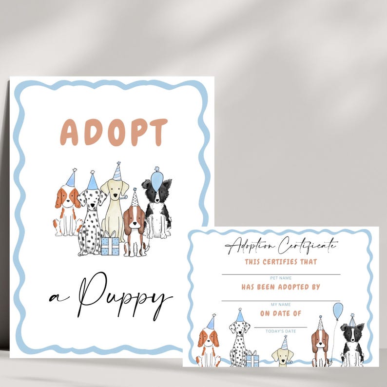 Peut inclure: Un panneau "Adopter un chiot" avec une bordure bleue et blanche. Le panneau repr&eacute;sente un groupe de chiots de dessin anim&eacute; portant des chapeaux de f&ecirc;te. Un certificat d'adoption s&eacute;par&eacute; est &eacute;galement pr&eacute;sent&eacute; avec une bordure bleue et blanche. Le certificat porte le texte "Certificat d'adoption" et "Ceci certifie que..."