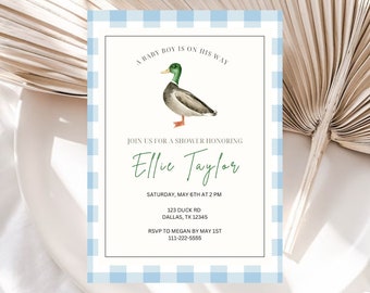 Editable Mallard Duck Baby Shower Invitation | Duck Boy Baby Shower Template | Instant Download | Hunting Theme Baby Shower | Blue Gingham