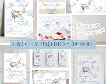 May include: A collection of party supplies with a vintage airplane theme. Includes invitations, water bottle labels, thank you cards, cupcake toppers, a banner, gift tags, a welcome sign, and a food label. The text "TWO FLY BIRTHDAY BUNDLE" is displayed.