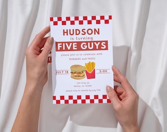 Convite de Aniversário com Tema Five Guys | Convite de Aniversário com Hambúrguer e Batata Frita | Convite de Aniversário com Tema de Fast Food | Download Digital Editável