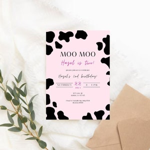Moo Moo I’m Two Birthday Invitation, zaproszenie na urodziny krowy, edytowalny szablon cyfrowy na drugie urodziny krowy, różowe zaproszenie dla dziewczynki krowy