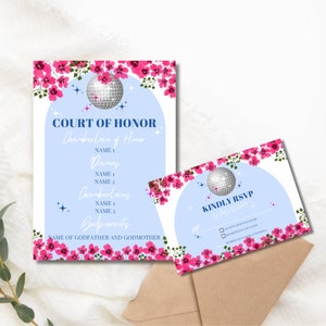 Programa Mamma Mia Quinceañera Editável e Cartão RSVP | Cartão de Detalhes da Corte Mamma Mia | Cartão RSVP Grécia Quinceañera | Dancing Queen