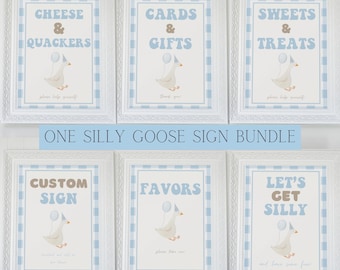Silly Goose Editable Party Table Signs | Goose Theme Birthday Custom Table Signs | Blue Gingham One Silly Goose Printable Party Signs