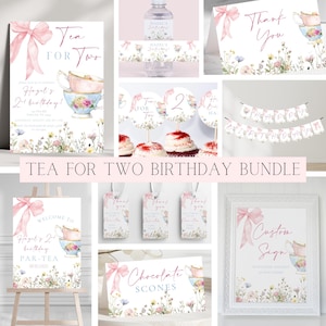 May include: A collection of tea party-themed birthday decorations. Includes invitations, cupcake toppers, banners, gift tags, and a custom sign. The designs feature watercolor teacups, pink bows, and floral accents. The text reads "Tea for Two Birthday Bundle."