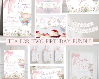 Tea For Two Editable Birthday Party Bundle | Girl 2nd Birthday Tea Party Bundle | Pink Blue Floral Bow Toddler Tea Party Bundle