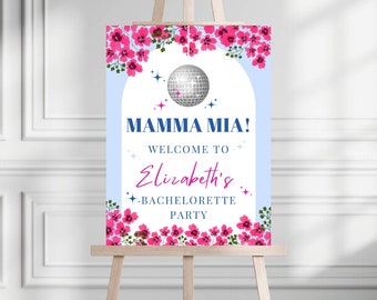 Editable Mamma Mia Disco Bachelorette Welcome Sign | Mamma Mia Disco | Blue And White Greek Hen Bach Welcome Board | Dancing Queen