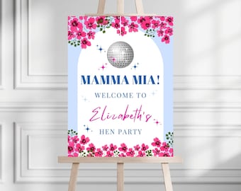Editable Mamma Mia Hen Bachelorette Welcome Sign | Mamma Mia Disco | Blue And White Greek Hen Bach Welcome Board | Dancing Queen