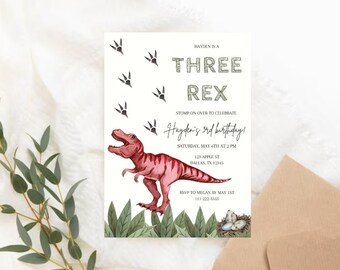Three-Rex Invitation, Editable Dinosaur Birthday Invite, Three Rex Birthday, Instant Download, T-Rex Birthday Invite