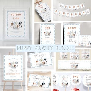 Peut inclure: Un lot de f&ecirc;te sur le th&egrave;me des chiots pour un deuxi&egrave;me anniversaire. Le lot comprend une pancarte de bienvenue, des cartes de remerciement, des d&eacute;corations pour cupcakes, des &eacute;tiquettes pour bouteilles d'eau et une pancarte qui dit "Adopter un chiot".