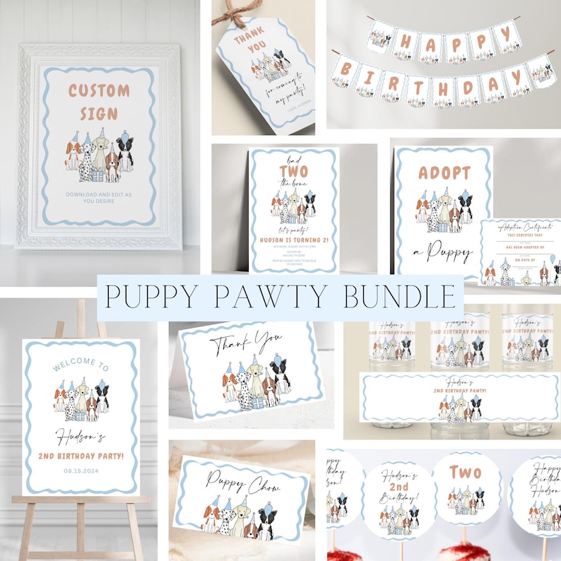 Peut inclure: Un lot de f&ecirc;te sur le th&egrave;me des chiots pour un deuxi&egrave;me anniversaire. Le lot comprend une pancarte de bienvenue, des cartes de remerciement, des d&eacute;corations pour cupcakes, des &eacute;tiquettes pour bouteilles d'eau et une pancarte qui dit "Adopter un chiot".