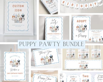 May include: A printable puppy pawty bundle for a birthday party. The bundle includes a welcome sign, thank you cards, cupcake toppers, water bottle labels, and a banner. The design features a group of puppies wearing party hats.
