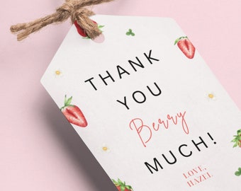 Berry Premier anniversaire Merci étiquettes de faveur | Étiquettes de faveur aux fraises | Étiquettes de remerciement Strawberry Bday | Baie 1er Décor | Décor d’anniversaire aux fraises
