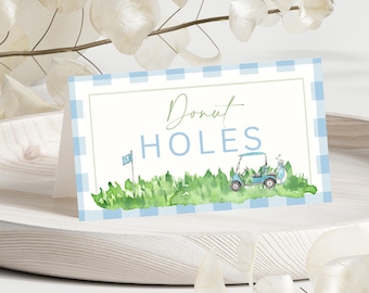 Etiqueta para barraca de comida com tema de golfe | Etiqueta para comida de aniversário Hole in One | Etiqueta para comida para impressão para festa de golfe Masters | Modelo de golfe xadrez azul preppy