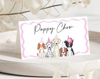 Etiqueta para barraca de comida de cachorrinho de menina | Etiquetas para barraca de comida de festa com tema de cachorro rosa editável | Etiqueta para barraca de comida de aniversário Let’s Pawty | Cartões de lugar com tema de cachorro