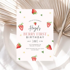 Berry First Birthday Invitation | Editable Strawberry 1st Birthday Invite | Instant Download | Berry 1st Birthday Editable Digital Template