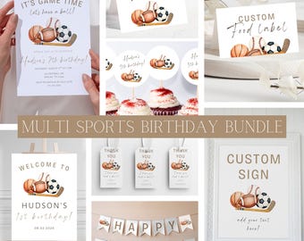 Editable Multi Sports Theme Birthday Bundle | Minimalist Vintage Sports Party Template Bundle | Modern Watercolor Custom Sports Package