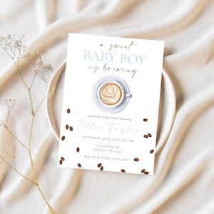 A Sweet Baby Boy Is Brewing Baby Shower Invitation | Editable Coffee Theme Baby Shower Invite |  Coffee Bean Printable Baby Shower Invite