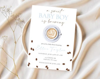 A Sweet Baby Boy Is Brewing Baby Shower Invitation | Editable Coffee Theme Baby Shower Invite |  Coffee Bean Printable Baby Shower Invite