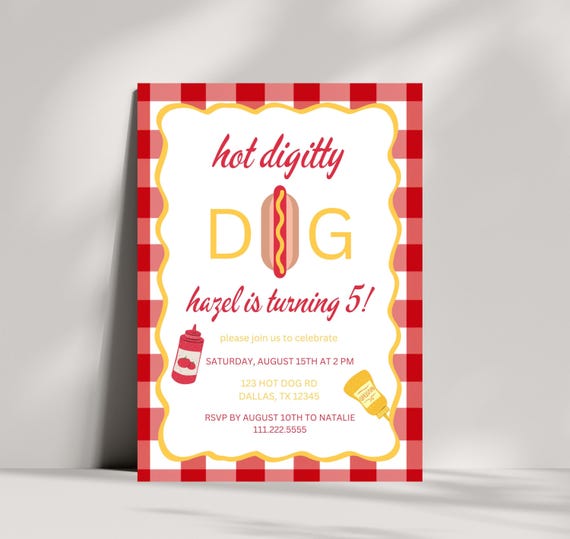 Editable Hot Dog Party Invitation | Hot Diggity Dog Birthday Party Invite | Picnic Backyard BBQ Printable Invitation