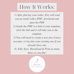 May include: Pink background with white text explaining how to use a digital template. The text says: "How It Works: 1) After placing your order, Etsy will send you an email with a PDF, download and open the PDF. 2) Inside the PDF is a link to your template, click the link and it will take you to the template. 3) You will need to create a new free Canva account, or log into your existing one if you already have one. 4) Edit, Save, Download & Print as many times as you like!"  The text is followed by a logo that says "Bleeming Rose EVENTS".