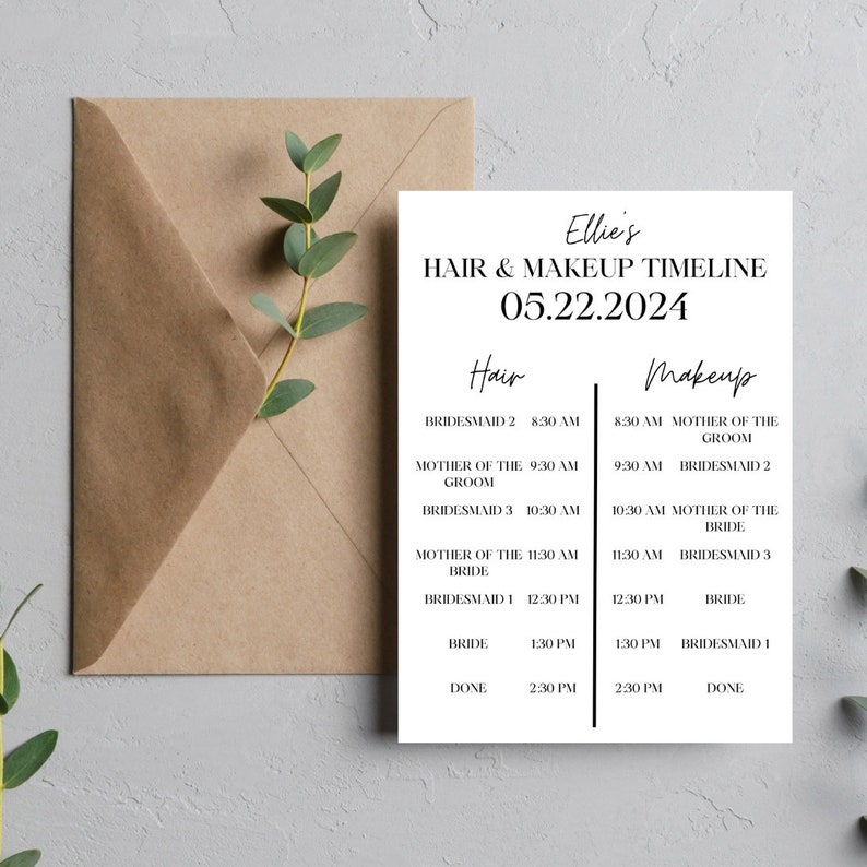 Wedding Hair and Makeup Timeline Template | Minimalist Bridal Party ...
