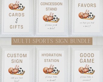 Editable Multi Sports Theme Birthday Table Signs Bundle | Minimalist All Sports Custom Signage | Modern Watercolor Sports Signs Templates