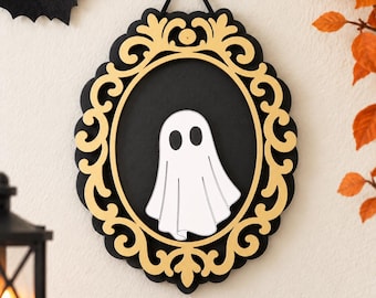 Vintage Halloween Ghost Plaque – Gothic Gold Frame Decor