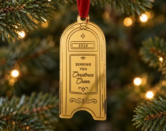 Postbox Christmas Ornament 2026 – Sending You Christmas Cheer, gold mirror ornament