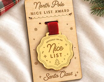 Nice List Medal with Wooden Award Card,  Gold Christmas Eve Box Filler