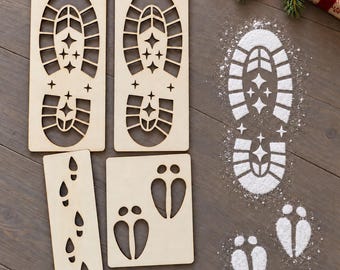 Santa and Reindeer Footprint Stencil Set – Reusable Wooden Christmas Eve Templates