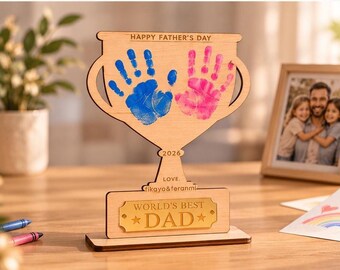 personalised Father’s Day Handprint Trophy | Kids Handprint Keepsake Gift for Dad | Custom Wooden Plaque | Fridge Magnet or Standing Display