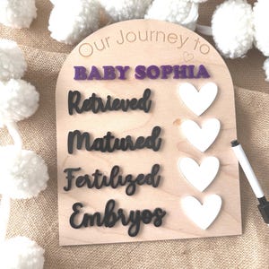 Op de afbeelding: Een houten bord met de tekst "Our Journey to BABY SOPHIA" in paarse en zwarte letters. Het bord bevat de woorden "Retrieved", "Matured", "Fertilized" en "Embryos", met drie witte hartvormige uitsparingen.