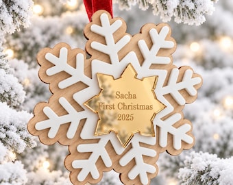 Personalised Baby’s First Christmas Snowflake Ornament – White and Gold Wooden keepsake