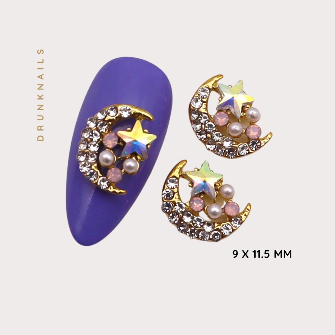 2pcs Gold Moon Nail Art Charms With Rhinestone Star for Press Etsy