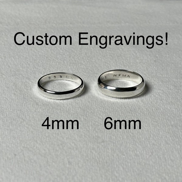 999 Fine Silver Band Ring | Custom Engravings | 4mm & 6mm | Handmade Bands