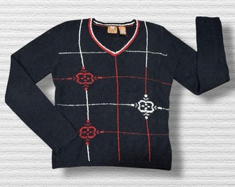 Suéter vintage retro de los 80 con diseño de nube, talla L, negro, rojo y blanco, tejido de punto, estilo preppy grunge de Hong Kong.