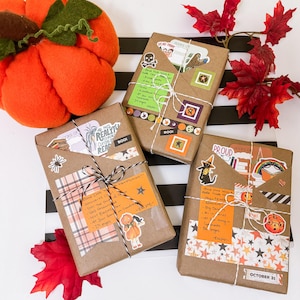 May include: Three rectangular books wrapped in brown paper, tied with black and white twine, and decorated with various stickers, including pumpkins, stars, and text. The packages feature handwritten notes and are surrounded by a plush orange pumpkin.