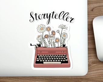 Storyteller Typewriter Die-Cut Sticker, Bookish Vinyl Water-Resistant Sticker, Gift for Future Writer, Author Writer Librarian Sticker Gift