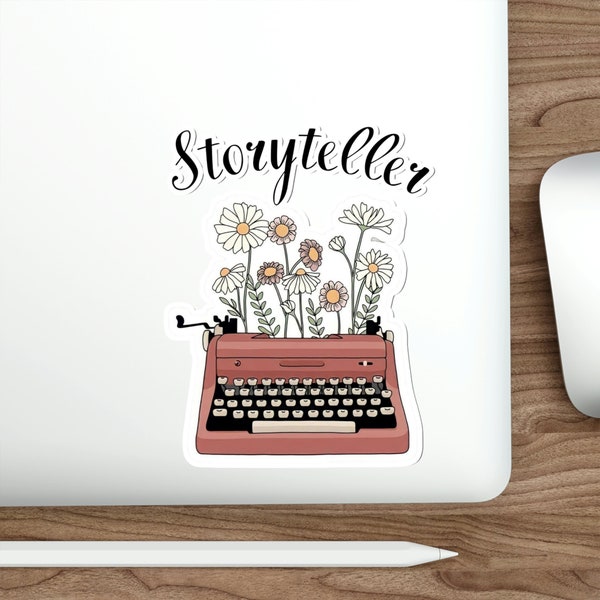 Storyteller Typewriter Die-Cut Sticker, Bookish Vinyl Water-Resistant Sticker, Gift for Future Writer, Author Writer Librarian Sticker Gift