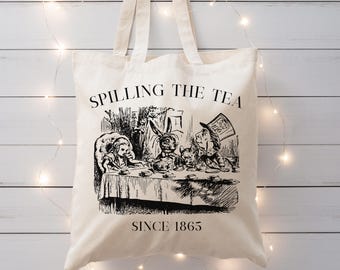 Alice in Wonderland Canvas Tote Bag | Literary Lover Gift | Libary Book Bag | Teacher Read Bookworm Reusable Bag Gift | Mad Hatter Tote Bag