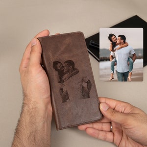 Billetera de cuero larga con foto, Billetera de cuero personalizada con foto, Billetera de regalo de Navidad grabada para esposo y papá, Billetera alta personalizada para novio