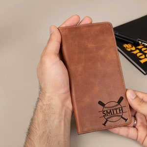 Billetera larga de béisbol • Billetera de cuero genuino personalizada • Billetera alta con foto grabada • Regalo de béisbol personalizado • Billeteras de béisbol para hombre