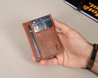 Personalized Front pocket wallet, Custom Christmas Gift for Dad, Slim Leather RFID Wallet, Birthday Gift Boyfriend Husband Grandpa Boys Man
