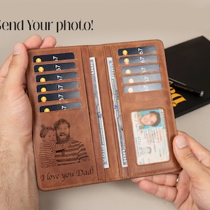 Regalo del día del padre, billetera plegable larga con foto, regalo personalizado del día del padre de los niños, billetera de cuero con foto de hijo e hija, idea de regalo para papá y abuelo