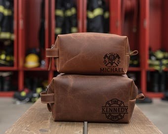 Custom Firefighter Leather Dopp Kit, Gift for Hero Dad, Firefighter Graduation Gift, Monogrammed Shaving Bag for Dad, Fathers Day Gift idea