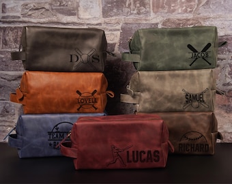 Baseball Themed Dopp Kit, Personalized Leather Toiletry Bag for Man, Custom Dopp Kit Leather Gift, Boyfriend Birthday Gift, Baseball Lover