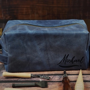 Handmade Men&#39;s Leather Toiletry Bag | Custom Dopp Kit | Personalized Gift Boyfriend, Husband Dad Anniversary Birthday Travel Bag Fathers Day
